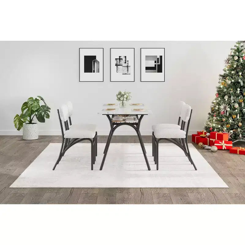 Ensemble table à manger 5 pièces pour 4 personnes, table de cuisine moderne avec 4 chaises en bouclette, table à manger rectangulaire avec étagère de rangement pour coin repas, appartement