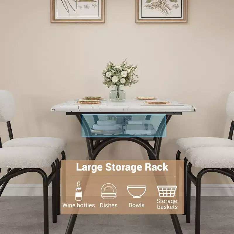 Ensemble table à manger 5 pièces pour 4 personnes, table de cuisine moderne avec 4 chaises en bouclette, table à manger rectangulaire avec étagère de rangement pour coin repas, appartement