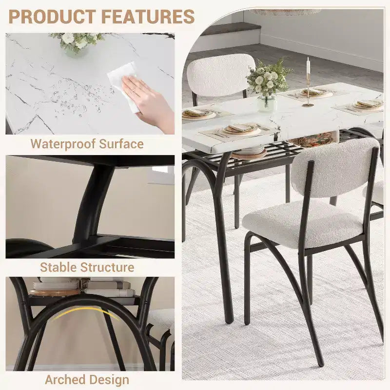 Ensemble table à manger 5 pièces pour 4 personnes, table de cuisine moderne avec 4 chaises en bouclette, table à manger rectangulaire avec étagère de rangement pour coin repas, appartement