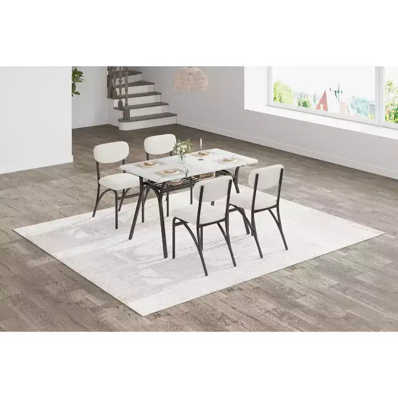 Ensemble table à manger 5 pièces pour 4 personnes, table de cuisine moderne avec 4 chaises en bouclette, table à manger rectangulaire avec étagère de rangement pour coin repas, appartement