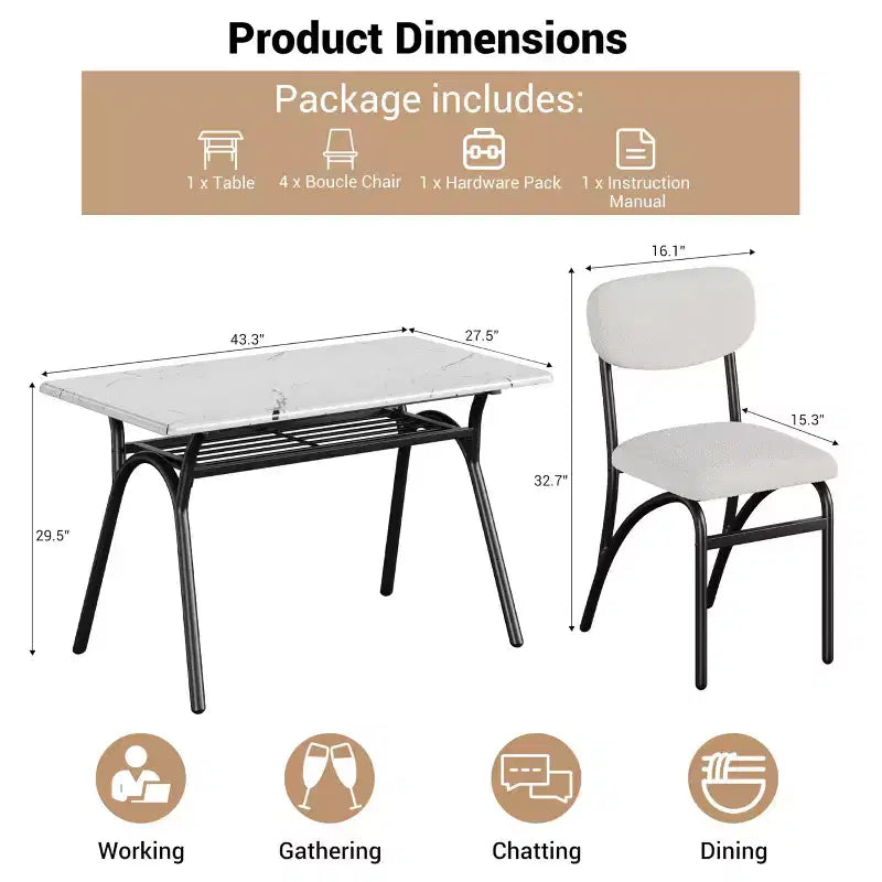 Ensemble table à manger 5 pièces pour 4 personnes, table de cuisine moderne avec 4 chaises en bouclette, table à manger rectangulaire avec étagère de rangement pour coin repas, appartement