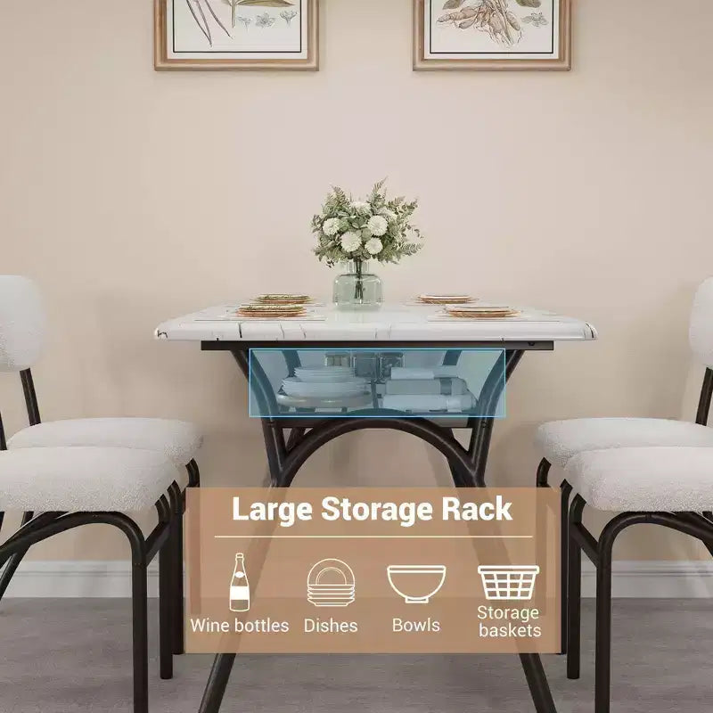 Ensemble table à manger 5 pièces pour 4 personnes, table de cuisine moderne avec 4 chaises en bouclette, table à manger rectangulaire avec étagère de rangement pour coin repas, appartement
