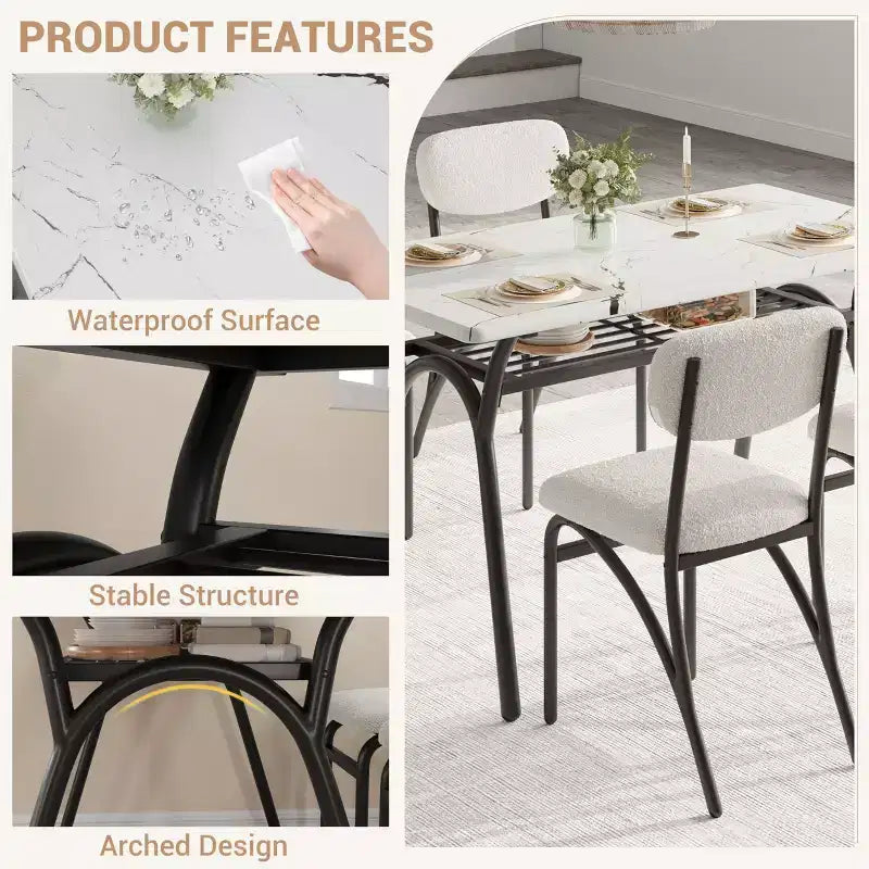 Ensemble table à manger 5 pièces pour 4 personnes, table de cuisine moderne avec 4 chaises en bouclette, table à manger rectangulaire avec étagère de rangement pour coin repas, appartement