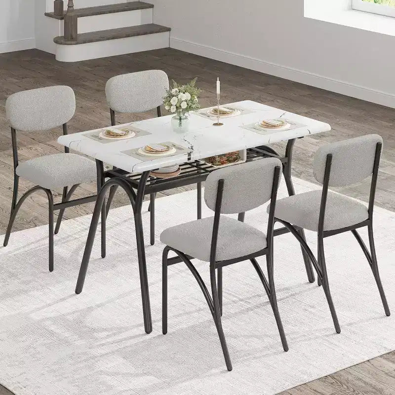 Ensemble table à manger 5 pièces pour 4 personnes, table de cuisine moderne avec 4 chaises en bouclette, table à manger rectangulaire avec étagère de rangement pour coin repas, appartement