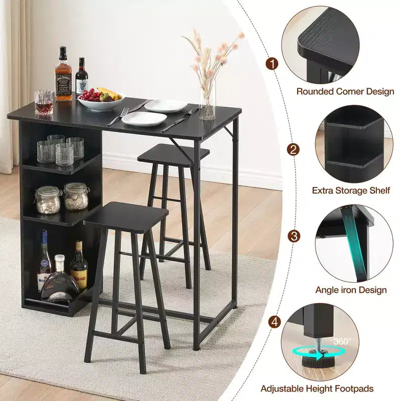 COZONY Ensemble de table et chaises de bar 3 pièces, Ensemble de salle à manger avec 3 étagères de rangement et tabourets