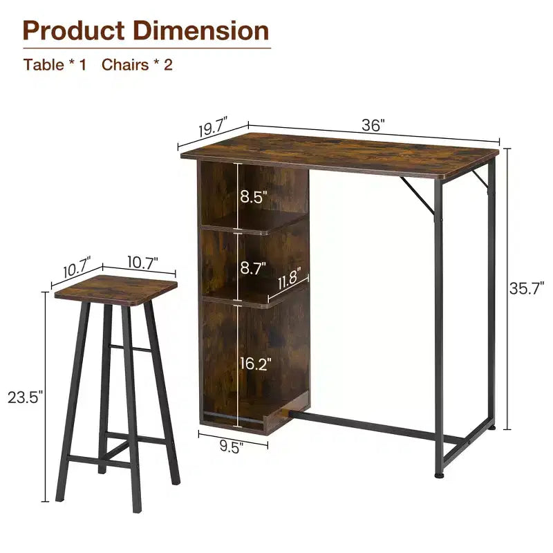 COZONY Ensemble de table et chaises de bar 3 pièces, Ensemble de salle à manger avec 3 étagères de rangement et tabourets