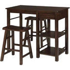 eHemco Counter Height Saving Space Dining Set Breakfast Table with Drawer and Storage Shelves and 2 Saddle Seat Barstools, Walnut, 3 Pieces