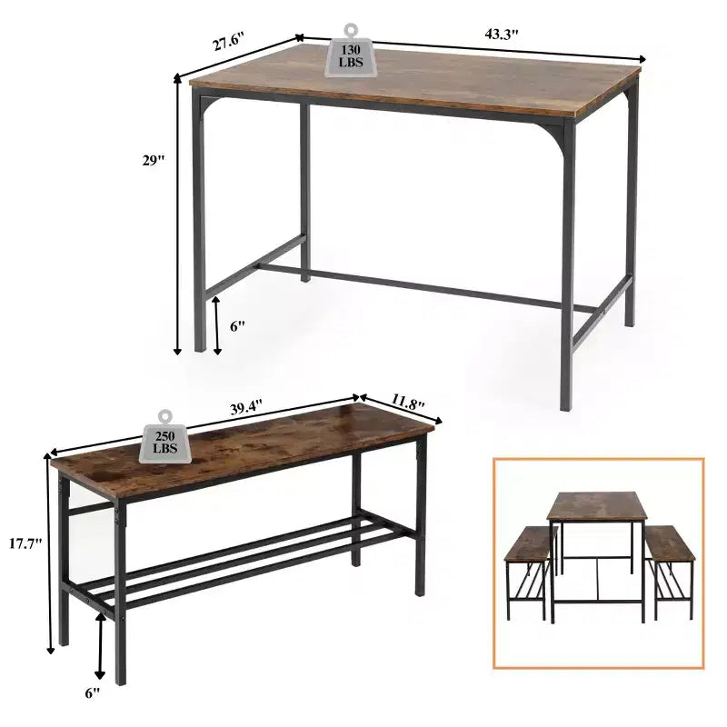 Homy Casa Ensemble de 3 pièces table et chaises de salle à manger pour petits espaces avec cadre en métal, plateau en bois manufacturé, marron