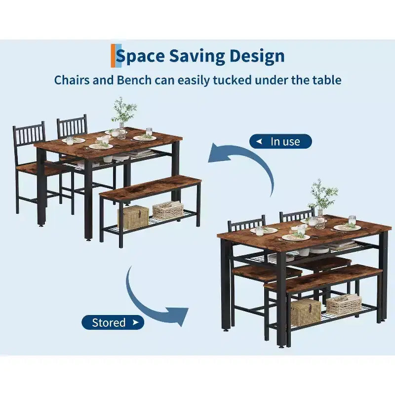 Ensemble de table à manger moderne pour 4 personnes avec chaises et banquette de rangement, pour petit espace ou appartement