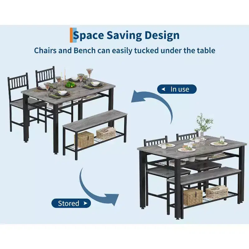 Ensemble de table à manger moderne pour 4 personnes avec chaises et banquette de rangement, pour petit espace ou appartement