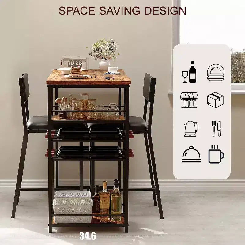 Ensemble table de salle à manger et 2 chaises, table de bar haute et chaises, étagères de rangement ouvertes, porte-gobelet et casier à vin intégrés, pour petites cuisines et appartements