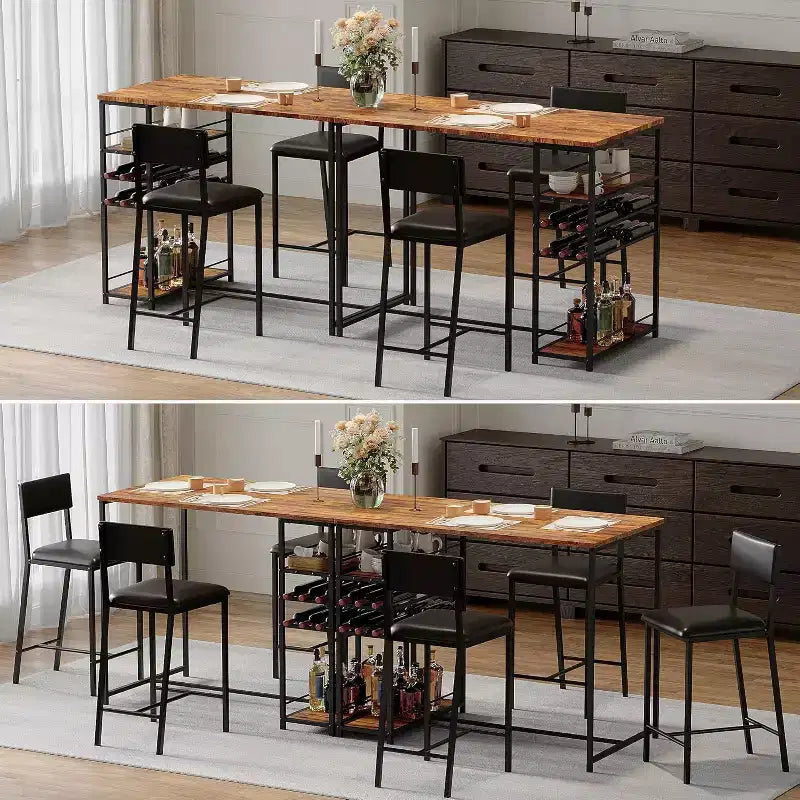 Ensemble table de salle à manger et 2 chaises, table de bar haute et chaises, étagères de rangement ouvertes, porte-gobelet et casier à vin intégrés, pour petites cuisines et appartements