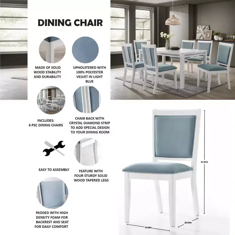 ChaletPosh Ensemble de salle à manger 7 pièces blanc avec chaises de salle à manger en velours bleu clair