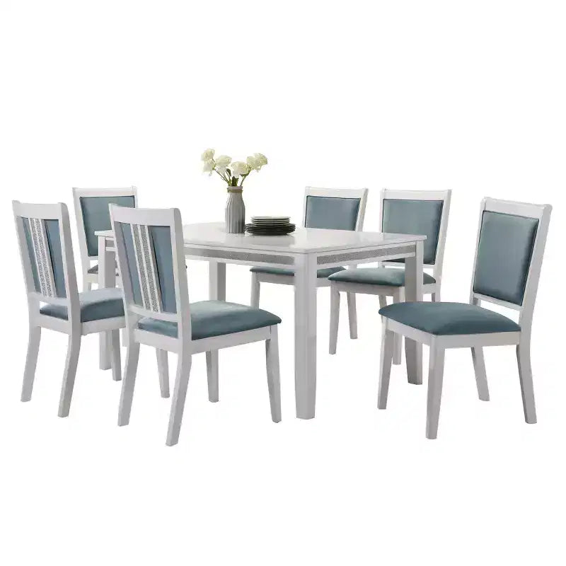ChaletPosh Ensemble de salle à manger 7 pièces blanc avec chaises de salle à manger en velours bleu clair