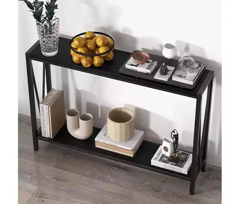 Table console étroite de 42,9 pouces avec étagère de rangement, table d'appoint industrielle rustique marron pour salon, couloir