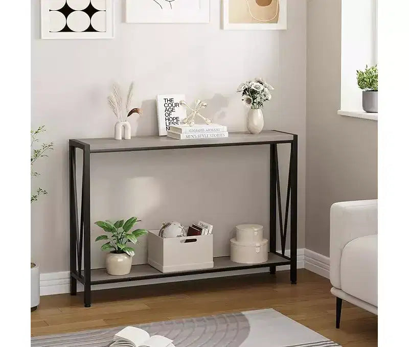 Table console étroite de 42,9 pouces avec étagère de rangement, table d'appoint industrielle rustique marron pour salon, couloir