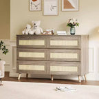Acekool 8-Drawer Rattan Dresser, Modern Wide Chest with Boho Style, Double Dresser TV Stand Storage Organizer for Bedroom, Living Room, Entryway
