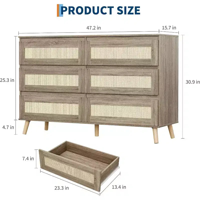 Commode à 8 tiroirs en rotin, commode moderne et large avec style, meuble TV double commode de rangement pour chambre, salon, entrée