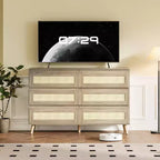Commode à 8 tiroirs en rotin, commode moderne et large avec style, meuble TV double commode de rangement pour chambre, salon, entrée
