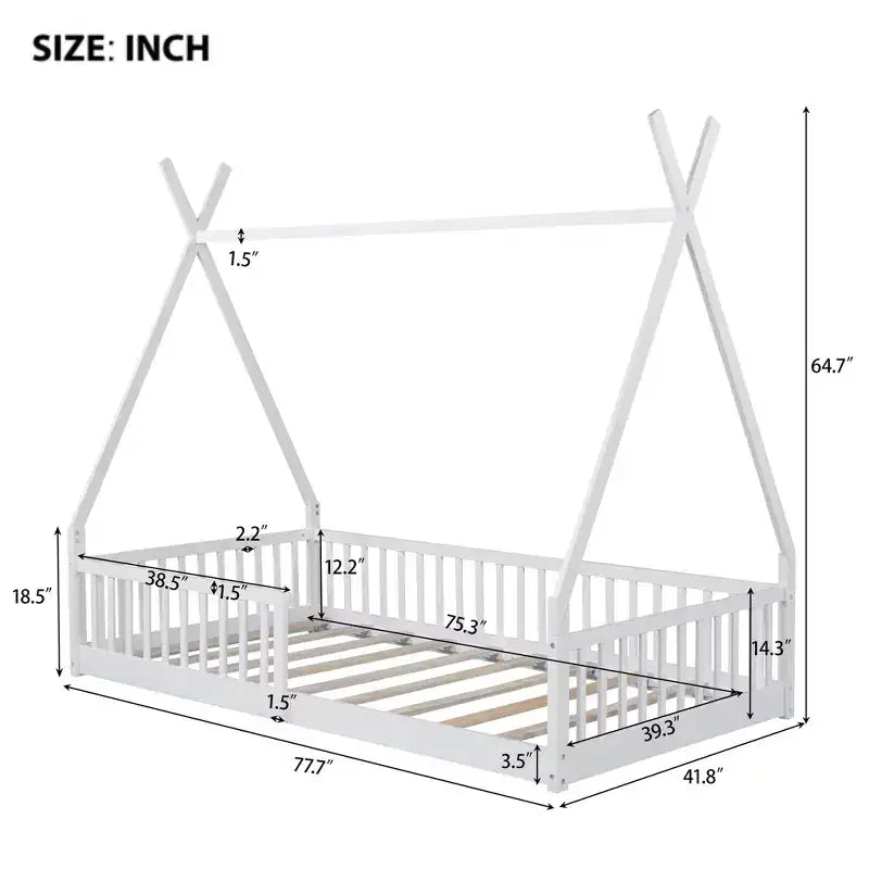 Lit au sol Montessori en forme de tente pour enfants, taille lit simple, avec lattes et barrière de sécurité, cadre robuste en bois de pin, capacité de 136 kg