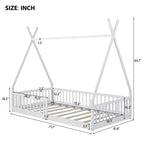 Lit au sol Montessori en forme de tente pour enfants, taille lit simple, avec lattes et barrière de sécurité, cadre robuste en bois de pin, capacité de 136 kg