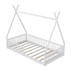 Lit au sol Montessori en forme de tente pour enfants, taille lit simple, avec lattes et barrière de sécurité, cadre robuste en bois de pin, capacité de 136 kg