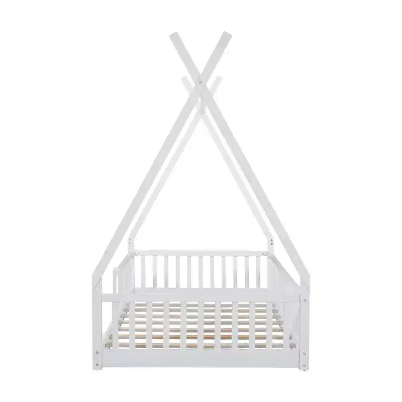 Lit au sol Montessori en forme de tente pour enfants, taille lit simple, avec lattes et barrière de sécurité, cadre robuste en bois de pin, capacité de 136 kg