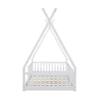 Lit au sol Montessori en forme de tente pour enfants, taille lit simple, avec lattes et barrière de sécurité, cadre robuste en bois de pin, capacité de 136 kg
