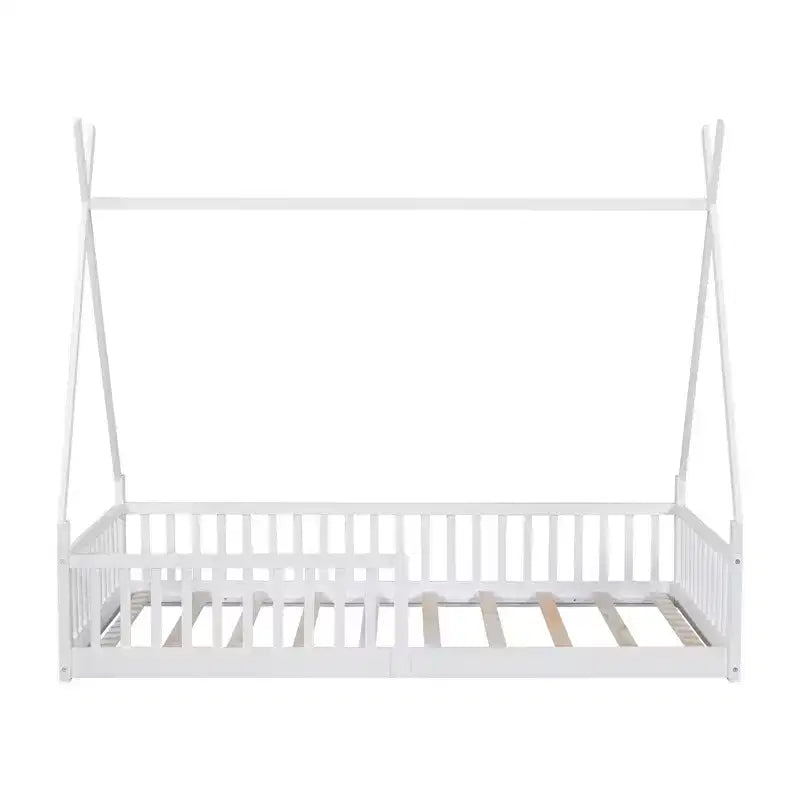 Lit au sol Montessori en forme de tente pour enfants, taille lit simple, avec lattes et barrière de sécurité, cadre robuste en bois de pin, capacité de 136 kg
