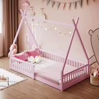 Lit au sol Montessori en forme de tente pour enfants, taille lit simple, avec lattes et barrière de sécurité, cadre robuste en bois de pin, capacité de 136 kg