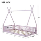 Lit au sol Montessori en forme de tente pour enfants, taille lit simple, avec lattes et barrière de sécurité, cadre robuste en bois de pin, capacité de 136 kg