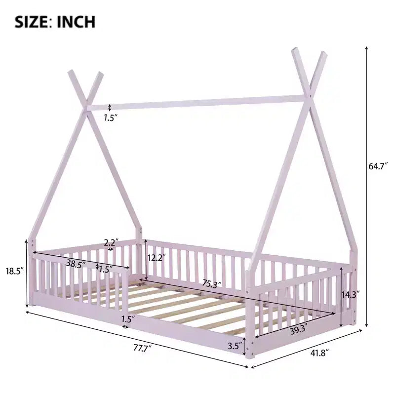 Lit au sol Montessori en forme de tente pour enfants, taille lit simple, avec lattes et barrière de sécurité, cadre robuste en bois de pin, capacité de 136 kg