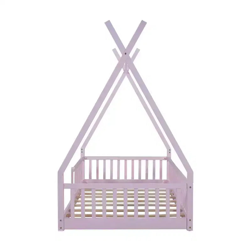 Lit au sol Montessori en forme de tente pour enfants, taille lit simple, avec lattes et barrière de sécurité, cadre robuste en bois de pin, capacité de 136 kg