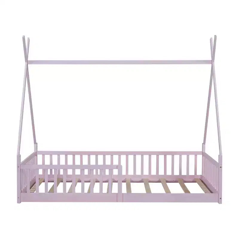 Lit au sol Montessori en forme de tente pour enfants, taille lit simple, avec lattes et barrière de sécurité, cadre robuste en bois de pin, capacité de 136 kg