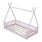 Lit au sol Montessori en forme de tente pour enfants, taille lit simple, avec lattes et barrière de sécurité, cadre robuste en bois de pin, capacité de 136 kg