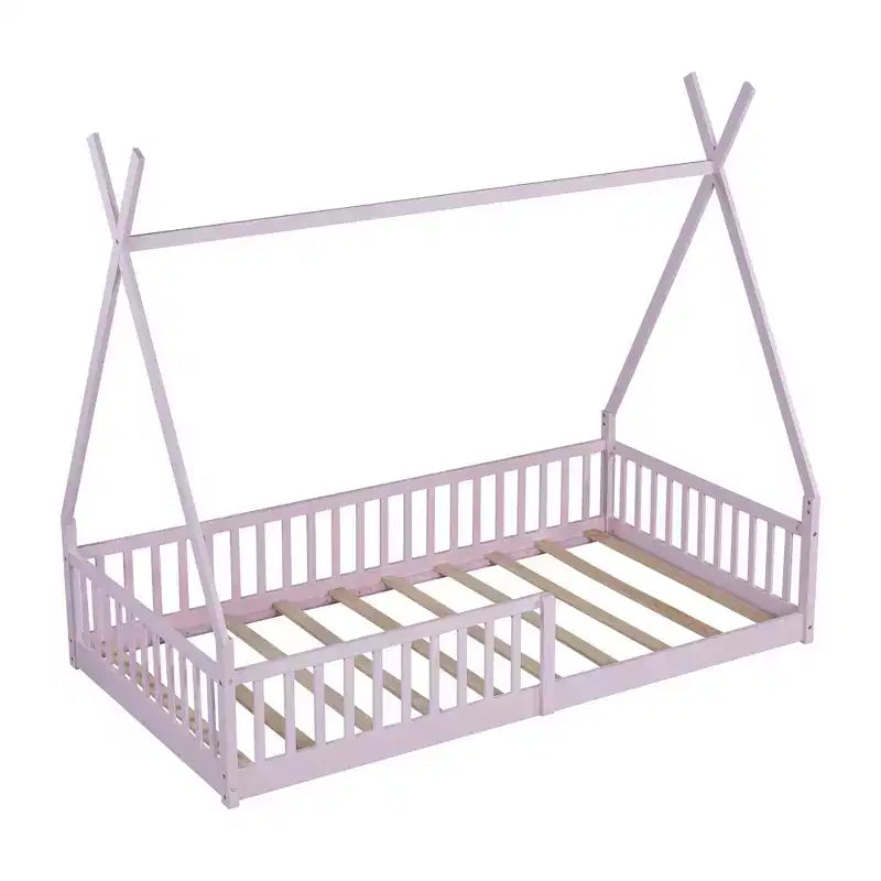 Lit au sol Montessori en forme de tente pour enfants, taille lit simple, avec lattes et barrière de sécurité, cadre robuste en bois de pin, capacité de 136 kg