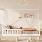 Lit au sol Montessori en forme de tente pour enfants, taille lit simple, avec lattes et barrière de sécurité, cadre robuste en bois de pin, capacité de 136 kg