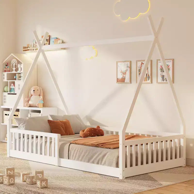 Lit au sol Montessori en forme de tente pour enfants, taille lit simple, avec lattes et barrière de sécurité, cadre robuste en bois de pin, capacité de 136 kg