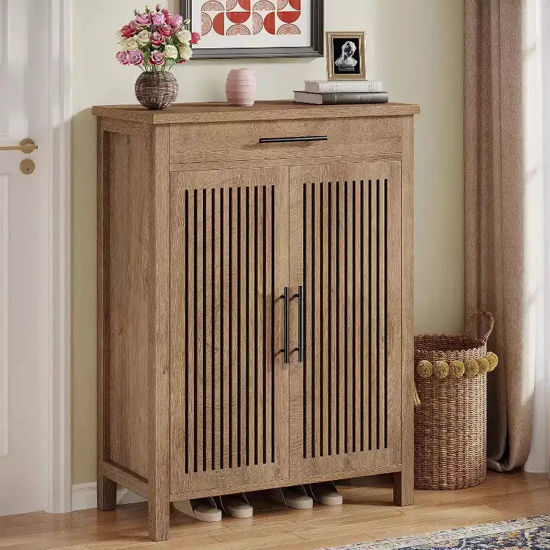 Lantine 5-Tier Shoe Storage Cabinet with Louvered Doors and Drawer, Shoe Rack Organizer with Adjustable Shelves for Entryway, Hallway, Closet, Natural