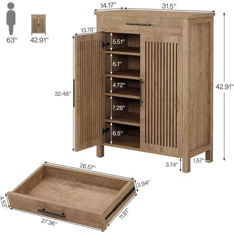 Meuble de rangement pour chaussures à 5 niveaux avec portes persiennes et tiroir, organisateur de chaussures avec étagères réglables pour entrée, couloir, placard, naturel