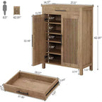 Meuble de rangement pour chaussures à 5 niveaux avec portes persiennes et tiroir, organisateur de chaussures avec étagères réglables pour entrée, couloir, placard, naturel