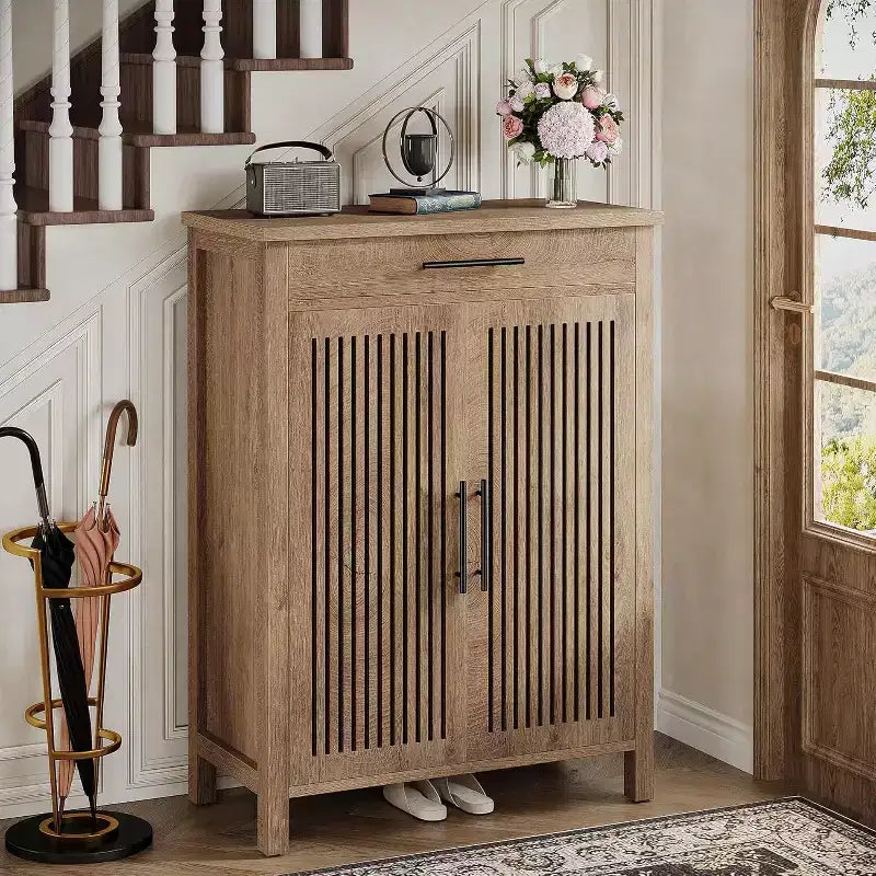 Meuble de rangement pour chaussures à 5 niveaux avec portes persiennes et tiroir, organisateur de chaussures avec étagères réglables pour entrée, couloir, placard, naturel