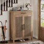 Meuble de rangement pour chaussures à 5 niveaux avec portes persiennes et tiroir, organisateur de chaussures avec étagères réglables pour entrée, couloir, placard, naturel