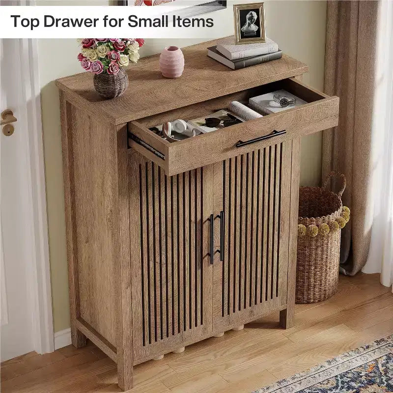 Meuble de rangement pour chaussures à 5 niveaux avec portes persiennes et tiroir, organisateur de chaussures avec étagères réglables pour entrée, couloir, placard, naturel