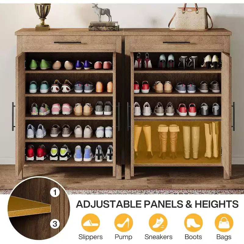 Meuble de rangement pour chaussures à 5 niveaux avec portes persiennes et tiroir, organisateur de chaussures avec étagères réglables pour entrée, couloir, placard, naturel