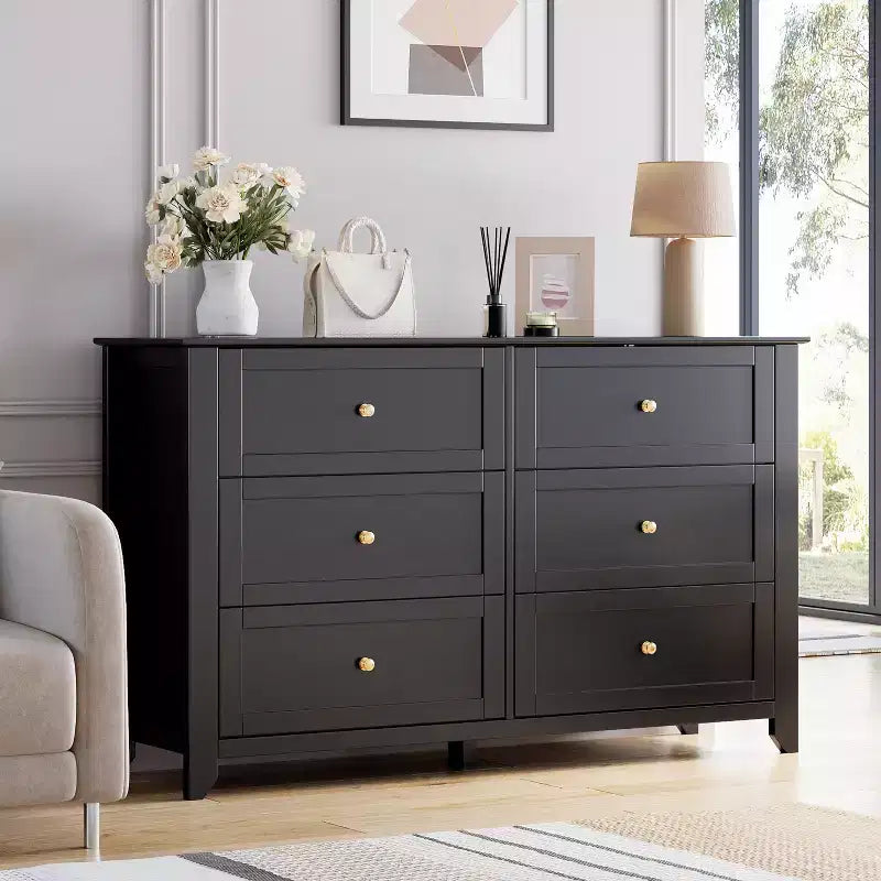 Commode à 6 tiroirs pour chambre à coucher, commodes en bois de 137 cm de large avec grand rangement, commode sans poignée meuble TV pour salon et couloir, lot de 2