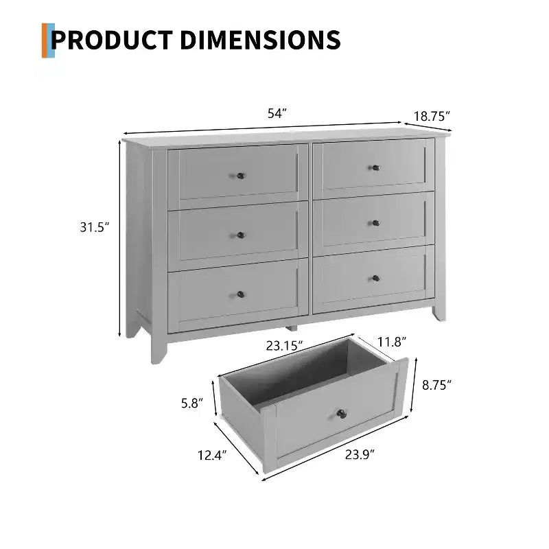 Commode à 6 tiroirs pour chambre à coucher, commodes en bois de 137 cm de large avec grand rangement, commode sans poignée meuble TV pour salon et couloir, lot de 2