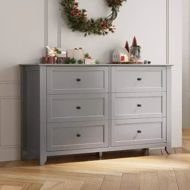 Commode à 6 tiroirs pour chambre à coucher, commodes en bois de 137 cm de large avec grand rangement, commode sans poignée meuble TV pour salon et couloir, lot de 2