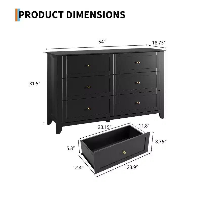 Commode à 6 tiroirs pour chambre à coucher, commodes en bois de 137 cm de large avec grand rangement, commode sans poignée meuble TV pour salon et couloir, lot de 2