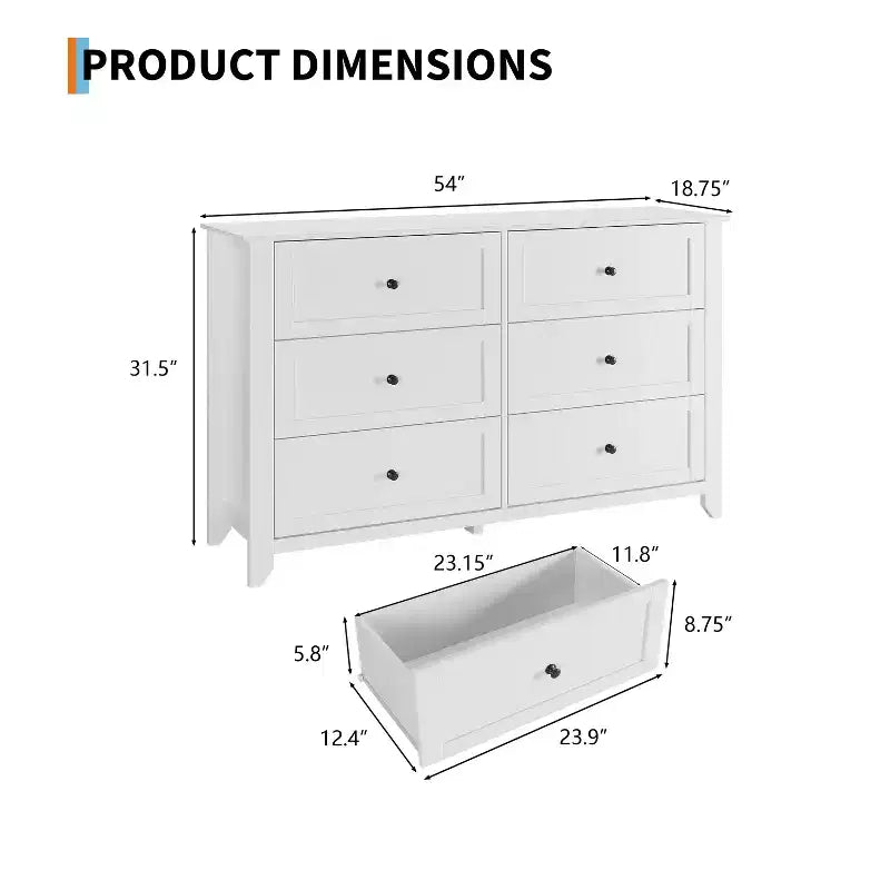 Commode à 6 tiroirs pour chambre à coucher, commodes en bois de 137 cm de large avec grand rangement, commode sans poignée meuble TV pour salon et couloir, lot de 2